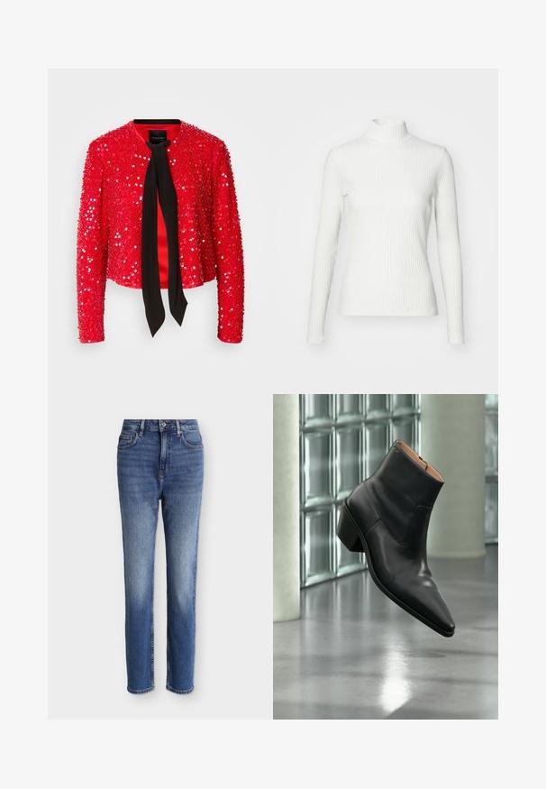 Veste à paillettes rouges avec un nœud en tissu noir au niveau du col. Elle possède des manches longues, un col rond et une surface brillante et texturée.; Haut col roulé blanc à côtes avec des manches longues, fabriqué en tissu extensible. Présente un design ajusté et un encolure haute pour plus de couverture.; Jean bleu moyen taille haute à coupe droite avec poches avant, passants de ceinture, fermeture par bouton, et détails légèrement délavés sur les cuisses et les genoux.; Bottine en cuir noir avec un bout pointu et un talon carré lévitant au-dessus d'un sol gris réfléchissant près d'un mur en blocs de verre.