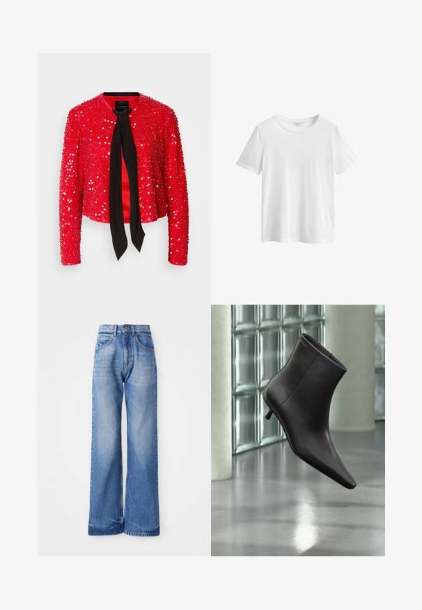 Veste à paillettes rouges avec un nœud en tissu noir au niveau du col. Elle possède des manches longues, un col rond et une surface brillante et texturée.; T-shirt blanc uni en coton à manches courtes avec col rond et étiquette de la marque GANT à l'intérieur du col, présenté sur un fond blanc.; Jean large bleu clair en denim, doté d'une taille haute, de cinq poches et de légères traces de frottement à l'avant pour une texture.; Bottine en cuir noir avec bout pointu et petit talon, présentée devant un mur en blocs de verre et un sol poli.