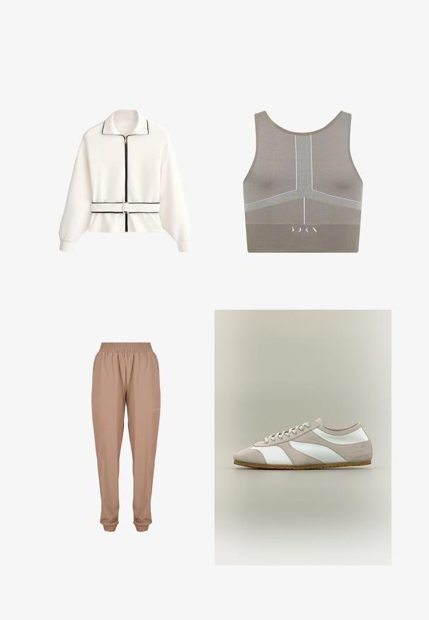 Veste blanche à fermeture éclair avec passepoil noir sur le col, la fermeture éclair et l'ourlet, dotée d'une ceinture assortie à la taille et de manches longues avec poignets.; Soutien-gorge de sport brun clair avec une texture côtelée et des motifs horizontaux blancs. Encolure en scoop et larges bretelles ; logo au centre en bas.; Pantalons de jogging beige avec une taille élastique, des poignets aux chevilles et un tissu léger et lisse avec un discret logo sur le côté.; Baskets basses avec empiècement en daim beige, panneaux en cuir blanc, lacets beiges et semelle en gomme, vues de profil sur fond neutre.