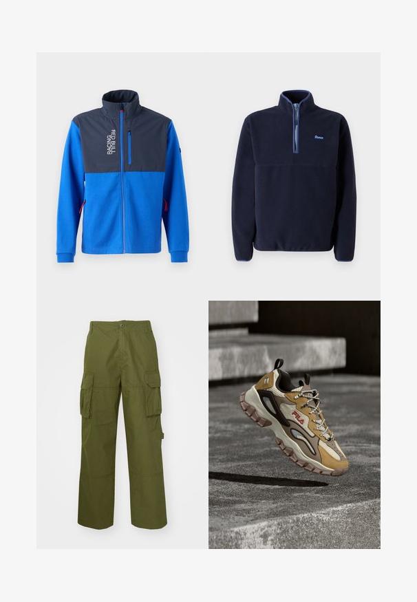Chaqueta azul con un panel superior azul oscuro, que presenta un bolsillo con cremallera y el texto "RACING RED BULL". Tiene acentos rojos en las cremalleras y los puños.; Penfield GRAYLOCK QUARTER ZIP - Suéter de forro polar - navy blazer; Pantalones cargo color verde oliva hechos de un tejido duradero, que cuentan con dos bolsillos laterales, un corte relajado y un cierre de botón en la cintura.; Zapatilla FILA gruesa con paneles beige, marrón y tostado, suela gruesa y resistente, cordones con patrón y tiradores, suspendida sobre escalones de cemento texturizado.