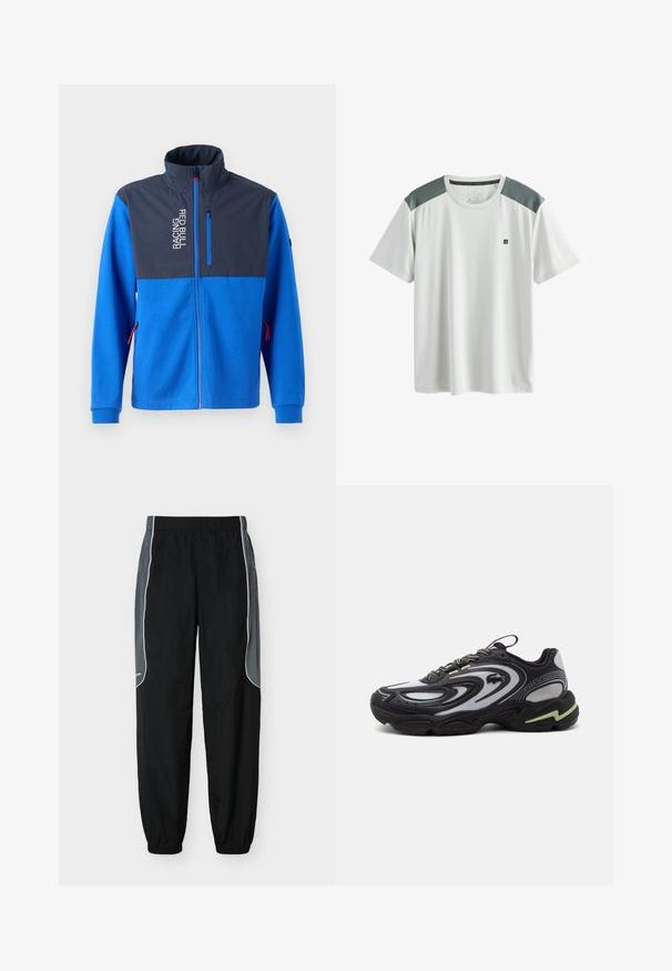 Chaqueta azul con un panel superior azul oscuro, que presenta un bolsillo con cremallera y el texto "RACING RED BULL". Tiene acentos rojos en las cremalleras y los puños.; Camiseta deportiva blanca de manga corta con paneles de malla grises en los hombros y un pequeño logo negro en el pecho izquierdo.; Pantalones de chándal negros con paneles laterales gris oscuro y ribete blanco, cintura y puños elásticos, exhibidos sobre un fondo blanco.; Zapatilla Lacoste Storm 2K negra y gris con patrones ondulados, diseño con cordones y una suela gruesa con un detalle en verde claro.