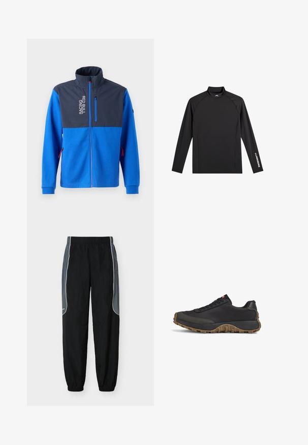 Blaue Jacke mit einem dunkelblauen oberen Panel, ausgestattet mit einer Reißverschlusstasche und dem Text "RACING RED BULL". Hat rote Akzente an den Reißverschlüssen und Ärmelbündchen.; Schwarzes Langarm-Sportoberteil mit Stehkragen, schlanker Passform und weißem "J.Lindeberg"-Logo am linken Ärmel und Kragen.; Schwarze Jogginghosen mit dunkelgrauen Seitenpaneelen und weißer Paspelierung, elastischem Bund und Bündchen, vor weißem Hintergrund gezeigt.; Schwarzes Low-Top-Sneaker mit strukturiertem braunem Außensohle, Schnürverschluss und gepolstertem Kragen von der Seite auf einem weißen Hintergrund abgebildet.