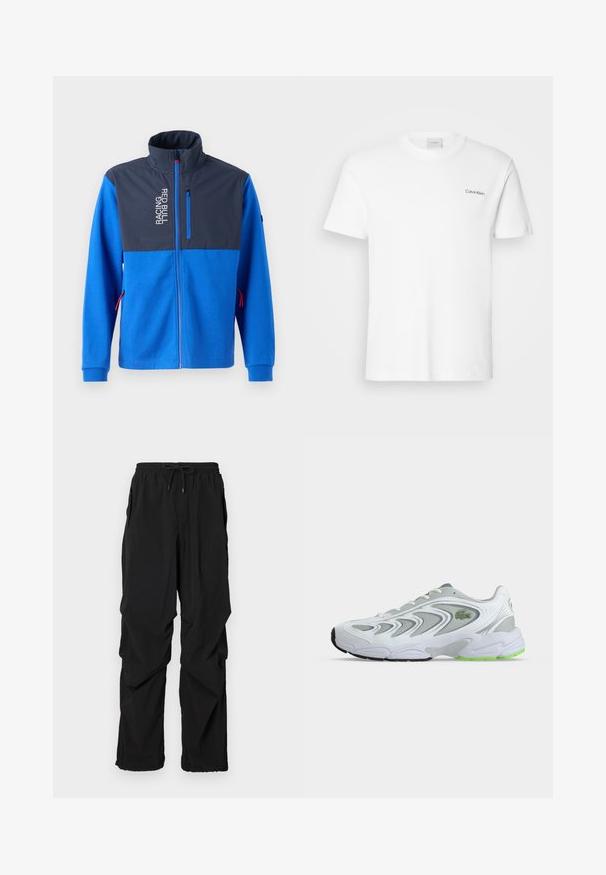 Blaue Jacke mit einem dunkelblauen oberen Panel, ausgestattet mit einer Reißverschlusstasche und dem Text "RACING RED BULL". Hat rote Akzente an den Reißverschlüssen und Ärmelbündchen.; Weißes Baumwoll-T-Shirt mit kurzen Ärmeln und Rundhalsausschnitt. Mit einem kleinen schwarzen "Calvin Klein"-Logo auf der linken Brust.; Schwarze leichte Hosen mit einem elastischen Bund und verstellbarem Kordelzug. Verfügt über Seitentaschen und eine lockere Passform für zusätzlichen Komfort.; Weißer und grauer Sportschuh mit grünen Akzenten und Logo, Mesh-Einsätzen und einer dicken, gepolsterten Sohle, seitlich auf einfachem Hintergrund dargestellt.