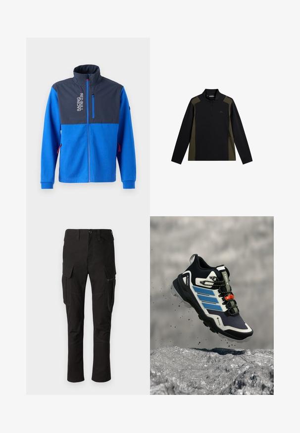 Blå jakke med et mørkeblå øverste panel, der har en lynlås lomme og teksten "RACING RED BULL". Har røde accenter på lynlåse og manchetter.; Langærmet sort og olivengrøn pullover med en kort lynlås foran og et lille logo på brystet.; Sorte cargo bukser med flere lommer, lynlåslomme på siden og forstærkede syninger, der har en lige ben-design og holdbart stof.; Sort og blå Adidas Terrex vandresko med robust sål, der svæver over klippefyldt terræn med jord, der flyver rundt.
