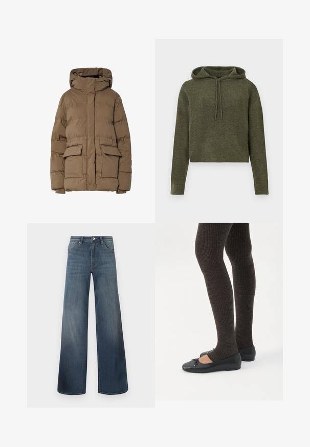 Doudoune marron avec capuche, présentant un design matelassé, deux poches avant et des poignets élastiques. Fabriquée en tissu isolant, texture lisse.; Haut en hoodie vert olive, coupé et fabriqué en tissu texturé. Dispose d'une capuche avec cordon de serrage et de bords côtelés au niveau des manches et de l'ourlet. Manches longues, design simple.; Jeans en denim à jambes larges de couleur bleu foncé, avec une finition déchirée, fermeture à bouton et style à cinq poches. Texture lisse, détails de couture minimalistes.; Jambes portant des leggings côtelés foncés associés à des ballerines noires avec de petits détails en nœud sur fond blanc.