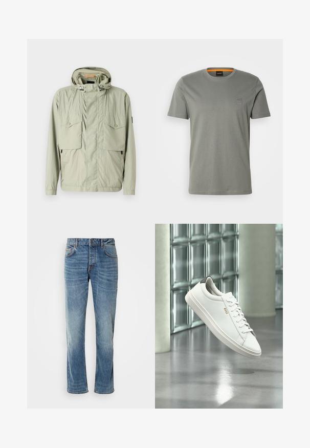 Veste légère vert clair avec capuche, deux poches poitrine et zips latéraux. Présente une texture lisse et des cordons de serrage ajustables.; T-shirt en coton gris à manches courtes et encolure ronde. Il présente un petit badge logo carré sur la partie gauche de la poitrine dans une couleur assortie.; Jean en denim bleu clair avec des jambes droites, cinq poches, des coutures contrastantes et une finition délavée. Dispose d'un bouton et d'un zip pour le maintien.; Baskets basses en cuir blanc avec lacets, languette de talon noire et logo « BOSS », flottant à l'intérieur près d'un mur en blocs de verre et d'un sol poli.