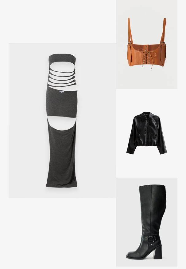 Veste en cuir noire courte avec un col, fermeture à boutons et poches latérales. Elle présente une texture lisse et des manches raglan.; Robe maxi découpée en tissu gris foncé, dotée d'un design sans bretelles avec plusieurs découpes horizontales et fentes sur les côtés. Texture lisse.; Bottes en cuir noires arrivant au genou, avec un bout carré, un large talon et une sangle décorative avec des accents métalliques autour de la cheville. Texture lisse.; Bustier court en cuir marron avec laçage devant, œillets argentés, boutons-pression et bretelles réglables avec boucles métalliques.