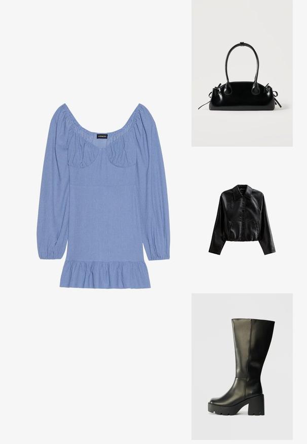 Zwarte cropped leren jas met een kraag, knoopsluiting en zijzakken. Heeft een gladde textuur en raglanmouwen.; Blauwe textuur blouse met lange pofmouwen, een brede halslijn en een rimpelzoom. Heeft gathered accenten op de schouders en de buste.; Zwarte leren knie-high laars met een chunky gestructureerde zwarte plateauhak. Heeft een gladde oppervlakte en een slanke verticale vorm.; Kleine zwarte glanzende handtas met twee lange hengsels en zijkant trekkoord details op een effen lichte achtergrond.