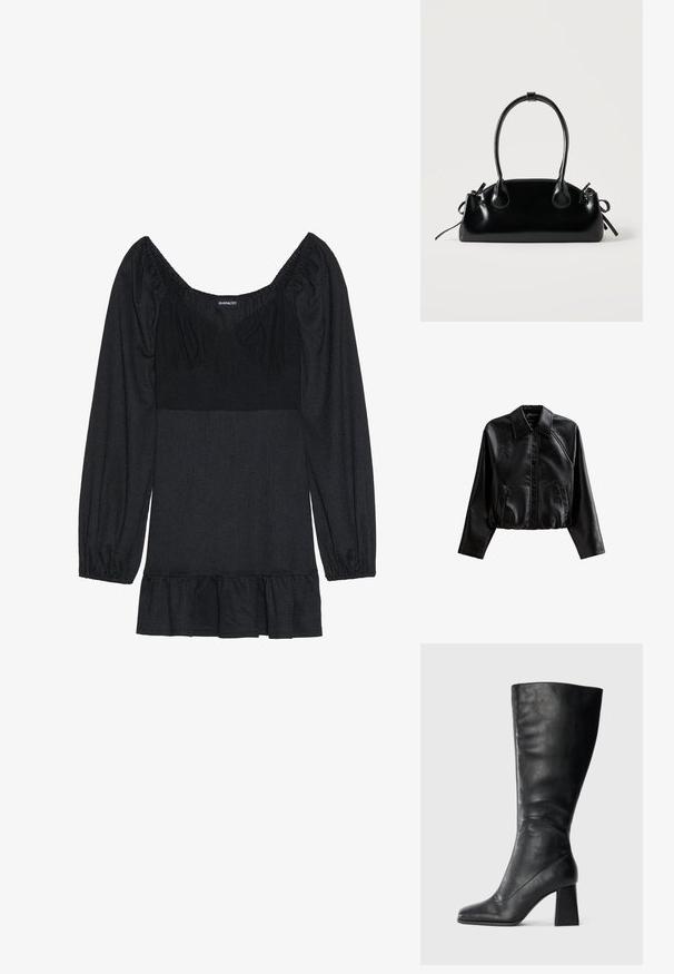 Zwarte cropped leren jas met een kraag, knoopsluiting en zijzakken. Heeft een gladde textuur en raglanmouwen.; Zwarte top met een vierkante halslijn en pofmouwen. Gemaakt van gestructureerde stof, met een uitlopende zoom. Eenvoudig ontwerp zonder patronen of accenten.; Zwarte kniehoge laars van glad leer, met een vierkante neus en een chunky blokhak. Eenvoudig ontwerp zonder versieringen.; Kleine zwarte glanzende handtas met twee lange hengsels en zijkant trekkoord details op een effen lichte achtergrond.