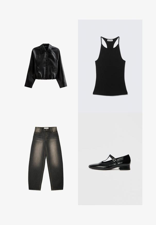 Veste en cuir noire courte avec un col, fermeture à boutons et poches latérales. Elle présente une texture lisse et des manches raglan.; Débardeur noir sans manches à dos nageur avec étiquette "WEEKDAY" sur le haut du dos, présenté sur un fond gris clair.; Jeans en denim gris à jambes larges avec un léger délavage, cinq poches, des coutures en contraste et une coupe décontractée. Pas de motifs ou d'embellissements visibles.; Chaussures Mary Jane en cuir noir avec bout pointu, petit talon carré et bride ajustable avec une boucle argentée. Texture lisse et brillante.