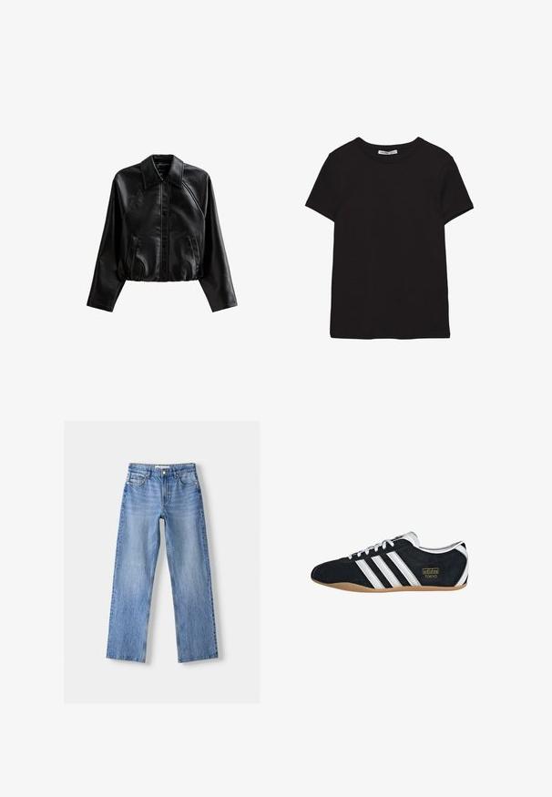 Zwarte cropped leren jas met een kraag, knoopsluiting en zijzakken. Heeft een gladde textuur en raglanmouwen.; Zwart katoenen T-shirt met korte mouwen, ronde hals, standaard pasvorm en zichtbaar binnenlabel in de nek.; Lichtblauwe denim jeans met een rechte pasvorm, voorzien van vijf zakken, een knoopsluiting aan de voorkant en subtiele vervaging voor textuur.; Zwarte suède sneaker met witte drie strepen, gouden logo en een bruine rubberen zool. Heeft een laag profiel vetersluiting ontwerp.