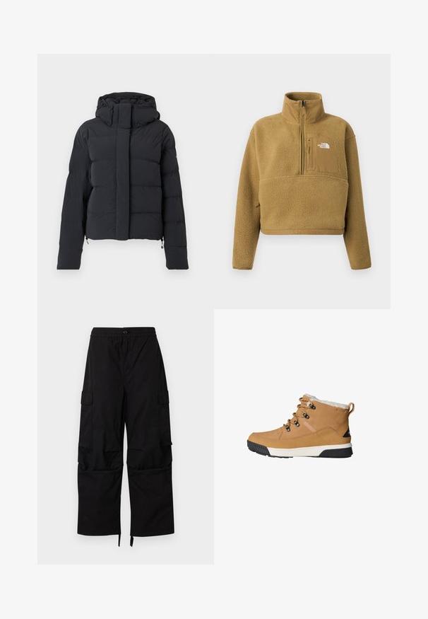 Sort quiltet vinterjakke med hætte, lange ærmer og frontlynlås dækket af en klap med trykknapper.; Tan fleece pullover med halv lynlås i kraven, frontlomme og elastisk kant; har en blød, struktureret overflade og en hvid logoaccent.; Sorte cargobukser med elastisk talje, knaplukning, sidelommer med klap og brede, lige ben med justerbare kanter.; Brune ankelstøvler med en tekstureret læderoverdel, fleecefor, runde snørebånd og en gummisål med et sort og hvidt design.