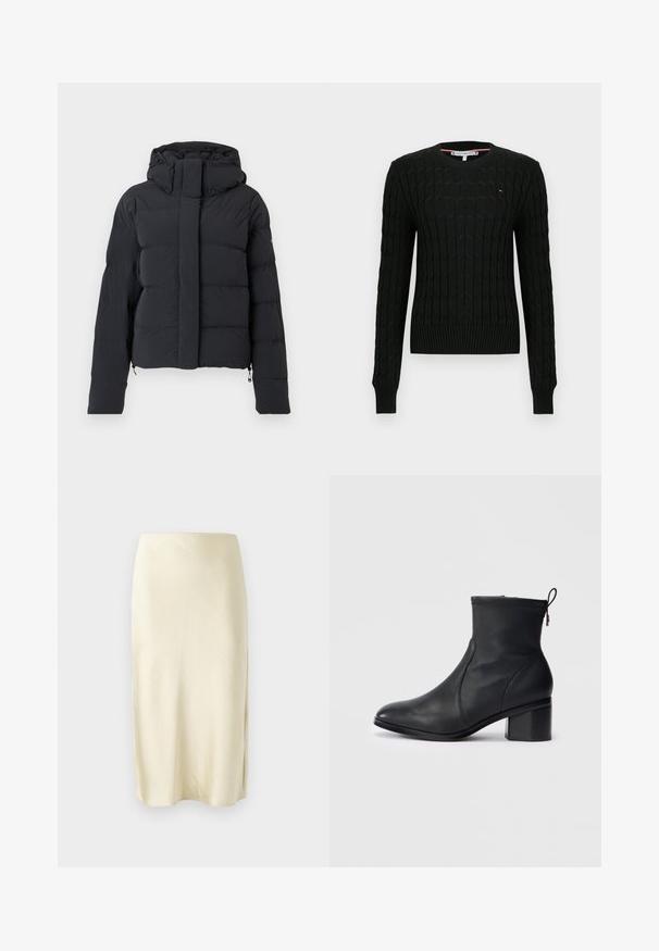 Chaqueta de invierno negra acolchada con capucha, mangas largas y cremallera frontal cubierta por una solapa con botones a presión.; Suéter negro de punto con patrón de trenzas, puños y dobladillo acanalados, con un pequeño logo en el pecho. Cuello redondo, mangas largas.; Falda midi de satén en amarillo pálido con una textura suave, que presenta una abertura lateral y un diseño de corte recto. Silueta simple y elegante.; Botín negro de cuero hasta el tobillo con un diseño elegante, punta redondeada, costuras texturizadas en la parte superior y un tacón cuadrado. Presenta un cierre de cremallera y un tirador.