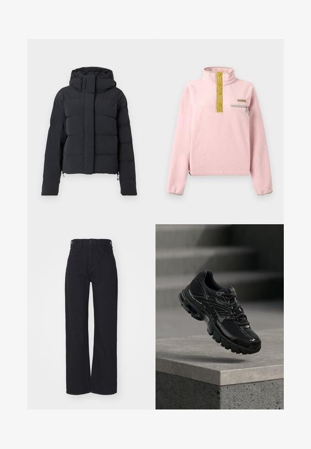 Chaqueta de invierno negra acolchada con capucha, mangas largas y cremallera frontal cubierta por una solapa con botones a presión.; Sudadera de forro polar rosa claro con cuello alto, cuatro botones amarillos, un bolsillo con cremallera gris y ribete elástico en el dobladillo y los puños.; Vaqueros amplios de talle alto en negro, con cierre frontal de botón y cremallera, trabillas para cinturón y dos bolsillos frontales, sobre un fondo blanco.; Zapatilla de running negra de Nike con parte superior de malla y sintética flotando sobre una superficie de hormigón y escalones de fondo.