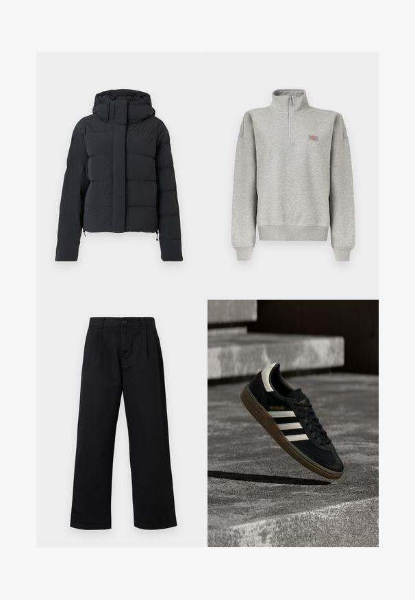 Chaqueta de invierno negra acolchada con capucha, mangas largas y cremallera frontal cubierta por una solapa con botones a presión.; Sudadera gris claro con cremallera de un cuarto, puños y dobladillo acanalados, con un pequeño parche de logo multicolor en el pecho izquierdo.; Pantalones negros de talle alto y pierna ancha con pasadores para cinturón, botón frontal, cierre de cremallera y dos bolsillos laterales.; Zapatilla negra de Adidas con rayas blancas y suela de goma flotando sobre escalones de concreto gris a la luz natural.