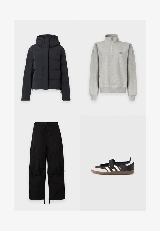 Schwarze, gesteppten Winterjacke mit Kapuze, langen Ärmeln und einem Reißverschluss, der von einer Klappe mit Druckknöpfen verdeckt wird.; Hellgraues Sweatshirt mit Viertelreißverschluss, gerippten Bündchen und Saum, mit einem kleinen mehrfarbigen Logopatch auf der linken Brust.; Schwarze Cargohosen mit elastischem Bund, Knopfverschluss, seitlichen Klappentaschen und weiten, geraden Beinen mit verstellbaren Säumen.; Schwarzer und beiger Sneaker mit Klettverschluss, drei weißen Streifen an der Seite und einer strukturierten braunen Gummisohle. Markenlogo sichtbar.