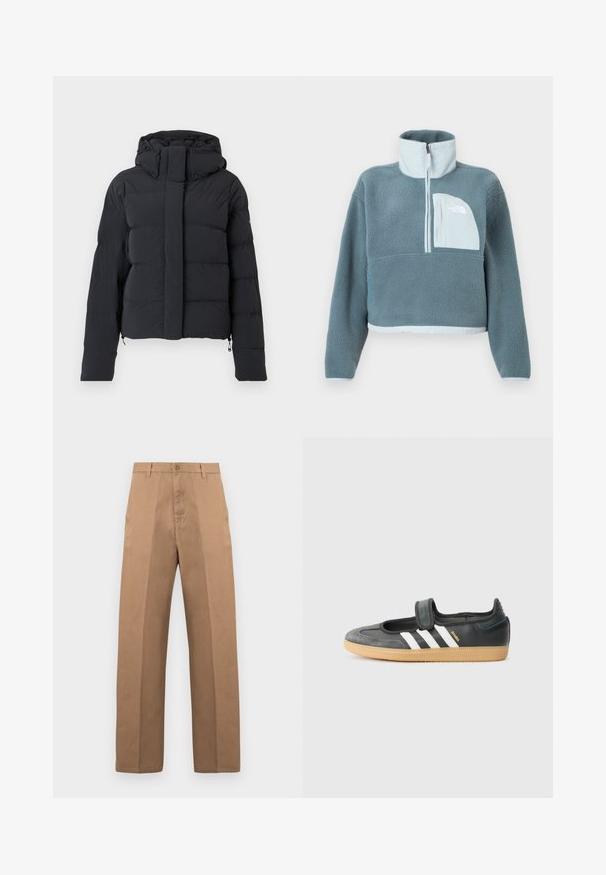 Sort quiltet vinterjakke med hætte, lange ærmer og frontlynlås dækket af en klap med trykknapper.; Blå fleecepullover med halvhøj lynlås, høj krave og lys blå brystlomme med The North Face-logo.; Brune bomuldssbukser med et lige ben, der har en knaplukning, bæltestropper og minimale syninger for et clean udseende.; Sort læder- og ruskinds sneakers med en Velcro-rem, der har tre hvide striber og en gummisål, mærket "SAMBA" på siden.