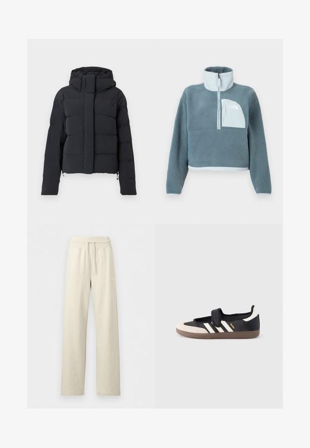 Zwarte gequilte winterjas met een capuchon, lange mouwen en een voorrits die bedekt is met een klep met drukknoopjes.; Blauwe fleece pullover met halve rits, hoge kraag en lichtblauwe borstzak met het logo van The North Face.; Beige wijde joggingbroek met geribbelde tailleband met trekkoord en subtiel logo op de rechterdij, getoond op een effen achtergrond.; Zwart-beige sneaker met een klittenbandsluiting, drie witte strepen aan de zijkant en een getextureerde bruine rubberen zool. Merkembleem zichtbaar.