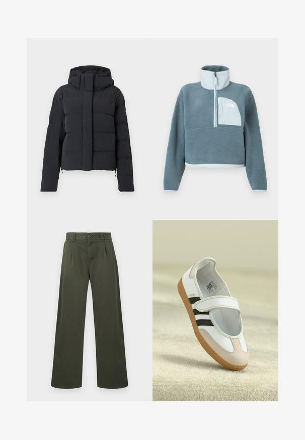 Sort quiltet vinterjakke med hætte, lange ærmer og frontlynlås dækket af en klap med trykknapper.; Blå fleecepullover med halvhøj lynlås, høj krave og lys blå brystlomme med The North Face-logo.; Olivengrønne bukser med lige ben, bæltestropper, knaplukning foran og sidelommer på hvid baggrund.; Hvid sko med en lyserød ruskindforfod, sorte striber og en velcrorem. Har en lys gummi sål og et logo på siden.