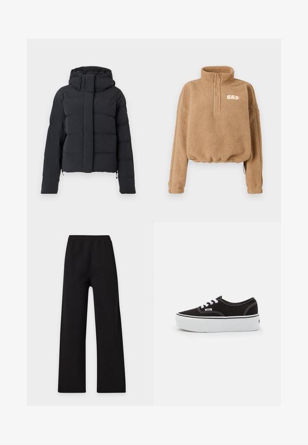 Sort quiltet vinterjakke med hætte, lange ærmer og frontlynlås dækket af en klap med trykknapper.; Tan fleece-pullover med halvlynslukning ved kraven, elastisk taljebånd og detaljer med striber på siden. Har "GAP"-logo i hvidt på brystet.; Sorte vidde bukser med elastik i taljen, vist fladt mod en ensfarvet lys baggrund.; Sort lærred sneakers med en hvid gummi platform sål, der har hvide snørebånd og syninger, ikonisk branding på siden, lav-top design.