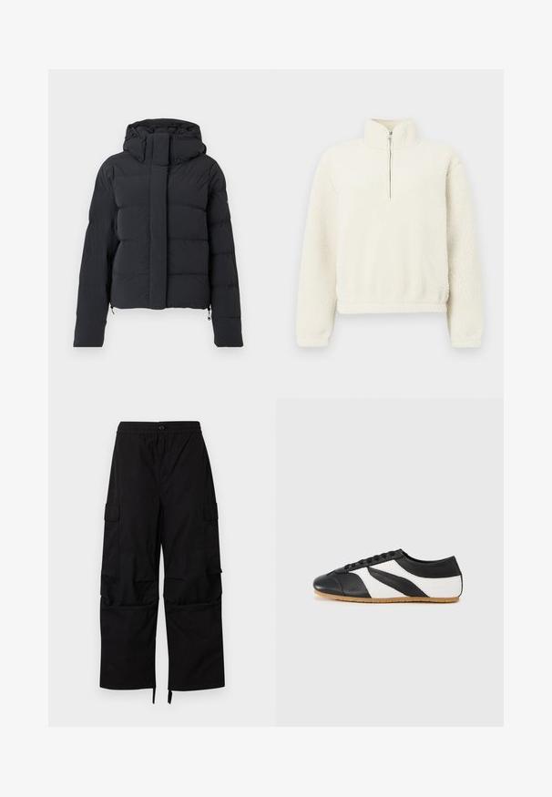 Chaqueta de invierno negra acolchada con capucha, mangas largas y cremallera frontal cubierta por una solapa con botones a presión.; Sudadera de forro polar color crema con cuello alto y cremallera frontal. La textura es suave y esponjosa, con puños y dobladillo de canalé.; Pantalones cargo negros con cintura elástica, cierre de botón, bolsillos laterales con solapa y piernas anchas y rectas con dobladillos ajustables.; Zapatilla en blanco y negro con un diseño curvado, fabricada en cuero, con una puntera negra texturizada y una suela de goma color marrón.