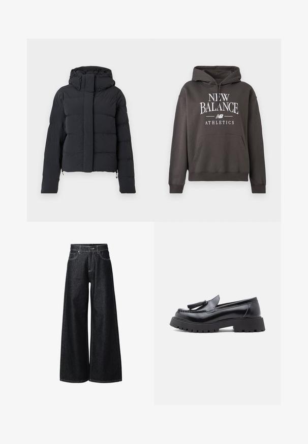 Schwarze, gesteppten Winterjacke mit Kapuze, langen Ärmeln und einem Reißverschluss, der von einer Klappe mit Druckknöpfen verdeckt wird.; Dunkelgrauer Hoodie mit einer Kängurutasche vorne, Kapuze mit Kordelzug und weißem "NEW BALANCE ATHLETICS"-Schriftzug auf der Brust. Weiches Baumwollmaterial.; Schwarze Jeans aus Denim mit weitem Bein, hoher Taille, Gürtelschlaufen, Knopf vorn, Reißverschluss und kontrastierenden Steppnähten.; Schwarze Leder-Loafer mit spitz zulaufendem Design, Quastenakzent und grober Gummisohle mit Profil für besseren Halt.