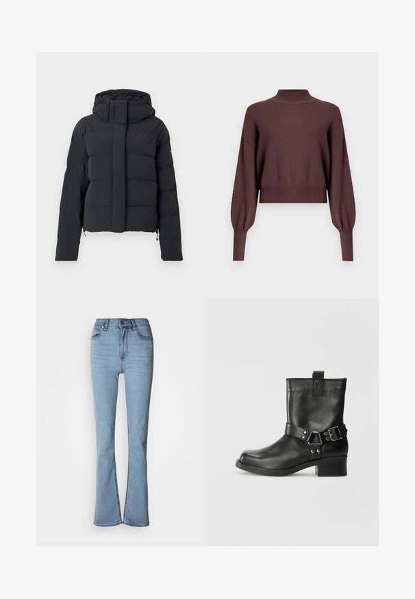 Chaqueta de invierno negra acolchada con capucha, mangas largas y cremallera frontal cubierta por una solapa con botones a presión.; Suéter de punto corto de color marrón con cuello alto, hombros caídos y mangas largas ligeramente abullonadas. Textura lisa y dobladillo acanalado.; Vaqueros de mezclilla azul claro con cintura alta, piernas rectas y detalle de abertura en el dobladillo de los tobillos. Cuenta con cinco bolsillos y cierre de botones.; Samsøe Samsøe SABRENTA - Botines camperos - black