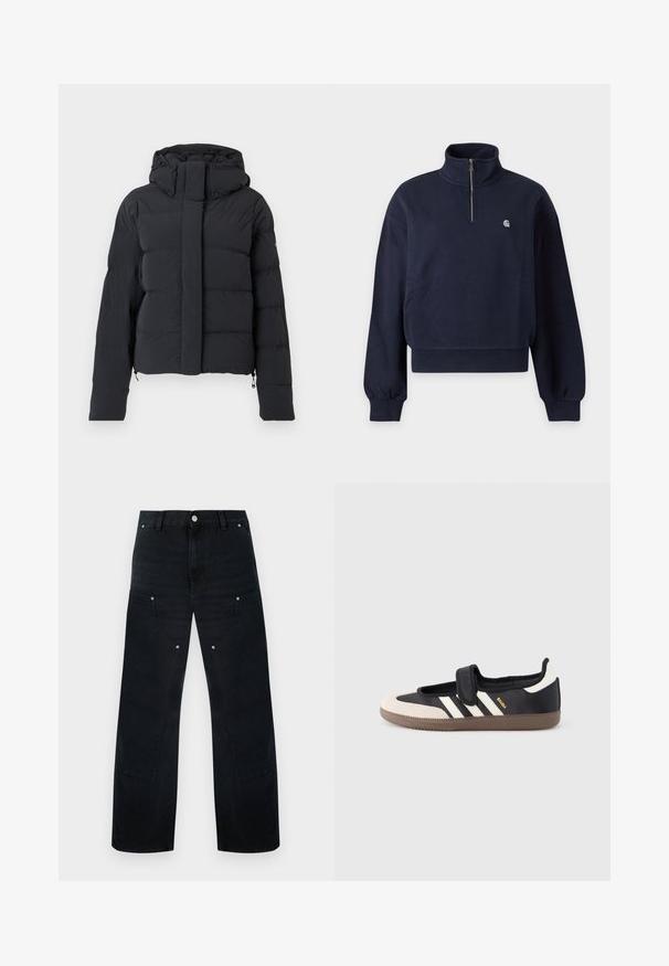 Sort quiltet vinterjakke med hætte, lange ærmer og frontlynlås dækket af en klap med trykknapper.; Marineblå sweatshirt med kvart-lynlås og ribstrikkede manchetter og kant, med en lille hvid logo på venstre bryst.; Sorte denimvide bukser med høj talje, med afdæmpede syninger, to forlommer og metalhardware-detaljer.; Sort og beige sko med velcrolukning, tre hvide striber på siden og en tekstureret brun gummisål. Mærkelogo er synligt.