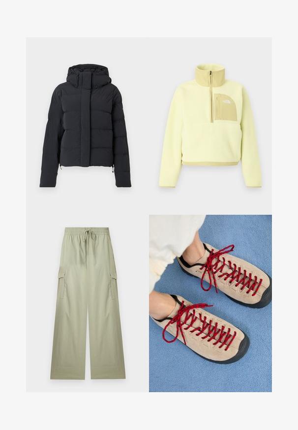 Zwarte gequilte winterjas met een capuchon, lange mouwen en een voorrits die bedekt is met een klep met drukknoopjes.; Lichtgele fleece trui met halve rits, hoge kraag en beige borstzak met het The North Face-logo.; Lichtgroene cargo-broek met wijde pijpen, elastische tailleband en trekkoord, met zijflappzakken en een ontspannen pasvorm.; Beige schoenen met rode veters, geplaatst op een blauwe, gestructureerde ondergrond, onthullen gedeeltelijk de enkel van een persoon. De schoenen hebben een sportief ontwerp.