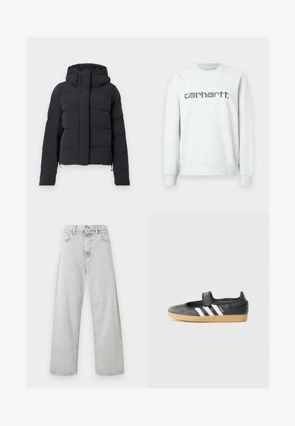 Zwarte gequilte winterjas met een capuchon, lange mouwen en een voorrits die bedekt is met een klep met drukknoopjes.; Lichtgrijze sweatshirt met ronde hals, ribgebreide manchetten en zoom. Bevat het "carhartt." logo in donkergrijs gedrukt over de voorkant.; Lichtgrijze denim jeans met hoge taille, rechte pijpen, voorste knoopsluiting, rits en vijf zakken.; Zwarte leren en suède sneaker met een klittenbandsluiting, voorzien van drie witte strepen en een gumzool, met de naam "SAMBA" aan de zijkant.
