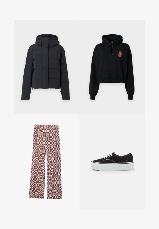 Schwarze, gesteppten Winterjacke mit Kapuze, langen Ärmeln und einem Reißverschluss, der von einer Klappe mit Druckknöpfen verdeckt wird.; Schwarze, bauchfreie Kapuzenjacke mit einem Schmetterlingsgrafik in orange Tönen auf der Brust, ausgestattet mit einer Kordelzugkapuze und gerippten Bündchen.; Braun-weiße gemusterte Hose mit weitem Bein, die ein gitterartiges Muster und einen leichten Stoff hat.; Schwarze Leinensneaker mit einer weißen Gummiplattformsohle, weißen Schnürsenkeln und Nähten, ikonischer Markenaufdruck an der Seite, im Low-Top-Design.