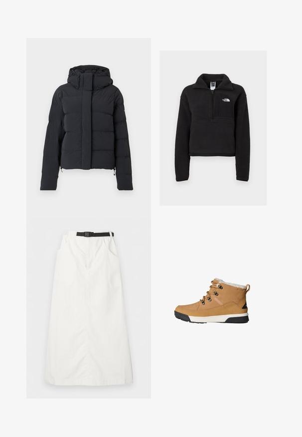 Sort quiltet vinterjakke med hætte, lange ærmer og frontlynlås dækket af en klap med trykknapper.; Sort fleece pullover med en kvart lynlås, høj krave og en brystlomme med et hvidt logo. Blød tekstur og cropped design.; Hvid lang nederdel med elastisk taljebånd og sort justerbart bælte, med sidelommer og lige snit.; Brune ankelstøvler med en tekstureret læderoverdel, fleecefor, runde snørebånd og en gummisål med et sort og hvidt design.