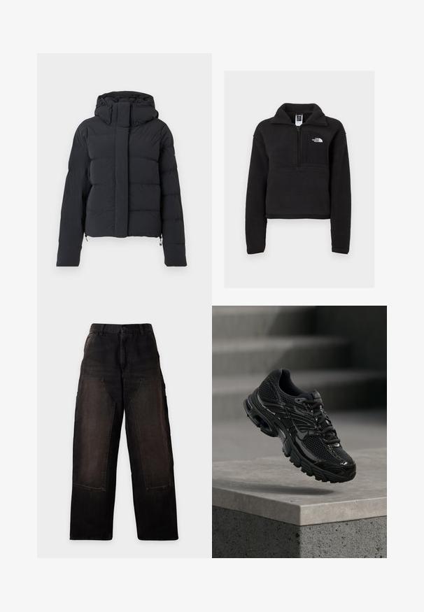 Sort quiltet vinterjakke med hætte, lange ærmer og frontlynlås dækket af en klap med trykknapper.; Sort fleece pullover med en kvart lynlås, høj krave og en brystlomme med et hvidt logo. Blød tekstur og cropped design.; Sorte bukser med vide ben, store forlommer og bæltestropper, vist mod en ensartet lys baggrund.; Sort Nike løbesko med mesh og syntetisk overdel, der svæver over en betonoverflade og trin i baggrunden.