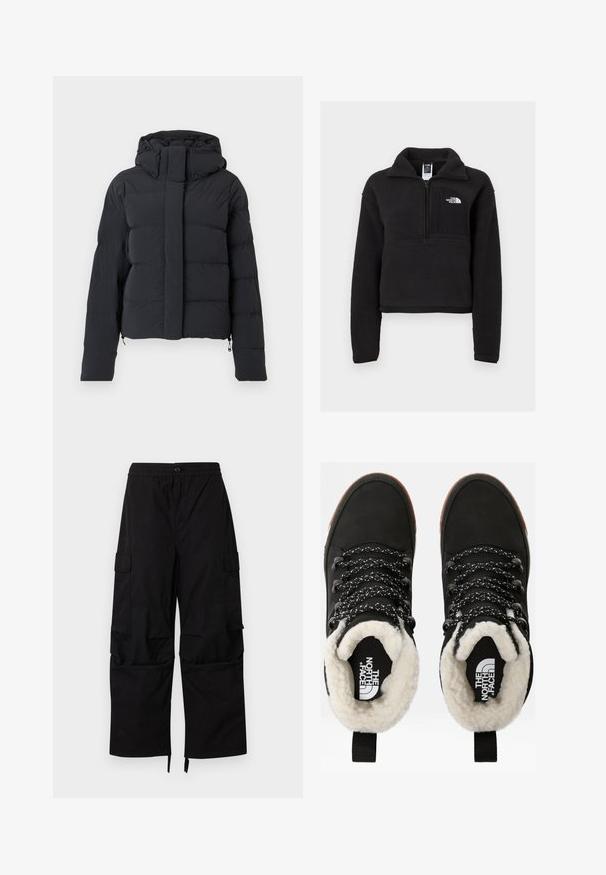Sort quiltet vinterjakke med hætte, lange ærmer og frontlynlås dækket af en klap med trykknapper.; Sort fleece pullover med en kvart lynlås, høj krave og en brystlomme med et hvidt logo. Blød tekstur og cropped design.; Sorte cargobukser med elastisk talje, knaplukning, sidelommer med klap og brede, lige ben med justerbare kanter.; Sorte vandtætte ankelstøvler med for af faux pels, tekstureret stof, snørebånd med hvidt og sort mønster samt en løkker ved hælen.