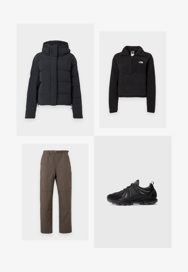 Sort quiltet vinterjakke med hætte, lange ærmer og frontlynlås dækket af en klap med trykknapper.; Sort fleece pullover med en kvart lynlås, høj krave og en brystlomme med et hvidt logo. Blød tekstur og cropped design.; Brune udendørs bukser med elastisk talje og justerbart bælte. Har panelsting og et lige ben-design. Holdbart stof.; Sort trail løbesko med robust sål, mesh- og syntetisk overdel, snørebåndslukning og trækstrop på en hvid baggrund.