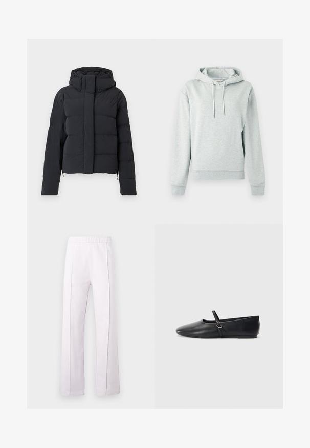 Schwarze, gesteppten Winterjacke mit Kapuze, langen Ärmeln und einem Reißverschluss, der von einer Klappe mit Druckknöpfen verdeckt wird.; Grauer Hoodie aus weichem Stoff, mit Kängurutasche, verstellbarer Kapuze mit Kordelzug und gerippten Bündchen. Dezentes Logo auf der Brust.; Hellviolette, weit geschnittene Hose mit elastischem Bund und zwei vertikalen Nähten vorne. Glatter Stoff mit leichtem Glanz.; Schwarze Leder-Ballettschuhe mit spitzem Schuhzeug, flacher Sohle und einem kleinen Riemen mit silberner Schnalle.
