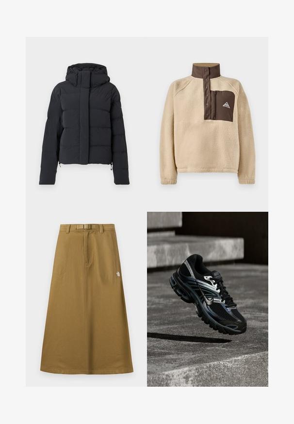 Zwarte gequilte winterjas met een capuchon, lange mouwen en een voorrits die bedekt is met een klep met drukknoopjes.; Beige fleece pullover met een bruin hoge kraag, halve knoopsluiting en een borstzak met een logo en ritsdetail. Zachte, gestructureerde stof.; Lange, beige buitenrok met voorzakken, geïntegreerde riem en het The North Face-logo aan de rechterkant.; Zwart-zilveren Nike hardloopschoen zwevend boven betonnen trappen, met een gedetailleerd ontwerp en een getextureerde zool in een buitenomgeving.