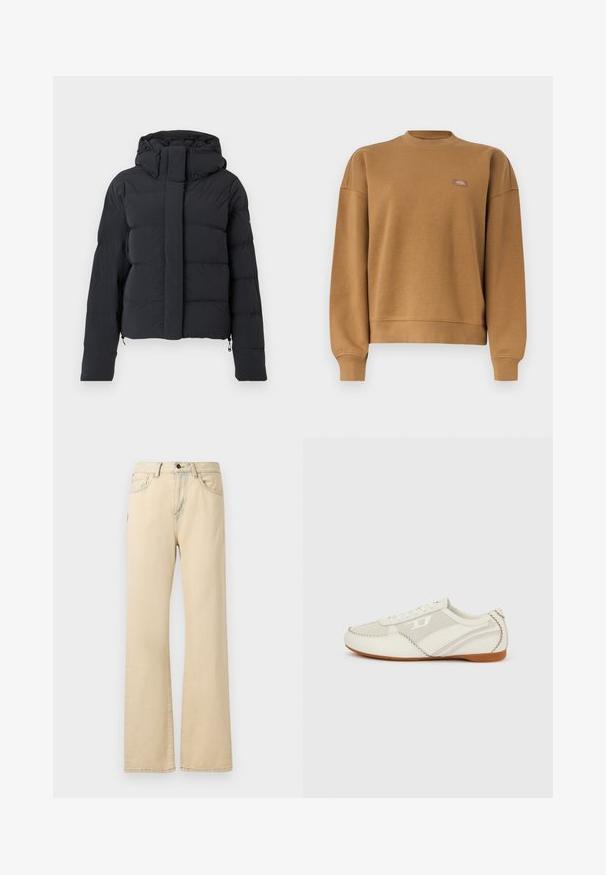 Schwarze, gesteppten Winterjacke mit Kapuze, langen Ärmeln und einem Reißverschluss, der von einer Klappe mit Druckknöpfen verdeckt wird.; Braunes Sweatshirt mit Rundhalsausschnitt, gerippten Bündchen und Saum, mit einem kleinen rechteckigen Logoaufnäher auf der linken Brust.; Beige weite Jeans aus Denim-Stoff, mit hoher Taille, vorderen Taschen, einem Knopfverschluss und kontrastierenden Nähten.; Weiße Sneakers mit einer Mischung aus strukturierten Materialien, versehen mit einem Zickzack-Stichmuster, seitlichen Streifen und einer braunen Gummisohle.