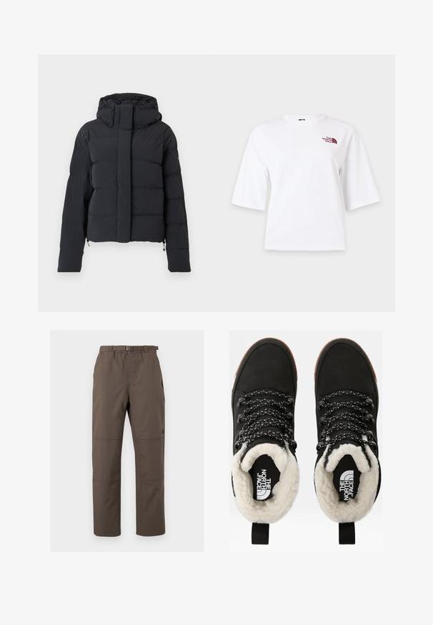 Sort quiltet vinterjakke med hætte, lange ærmer og frontlynlås dækket af en klap med trykknapper.; Hvid T-shirt med korte ærmer, rund hals og lille vinrødt logo på øverste venstre bryst.; Brune udendørs bukser med elastisk talje og justerbart bælte. Har panelsting og et lige ben-design. Holdbart stof.; Sorte vandtætte ankelstøvler med for af faux pels, tekstureret stof, snørebånd med hvidt og sort mønster samt en løkker ved hælen.