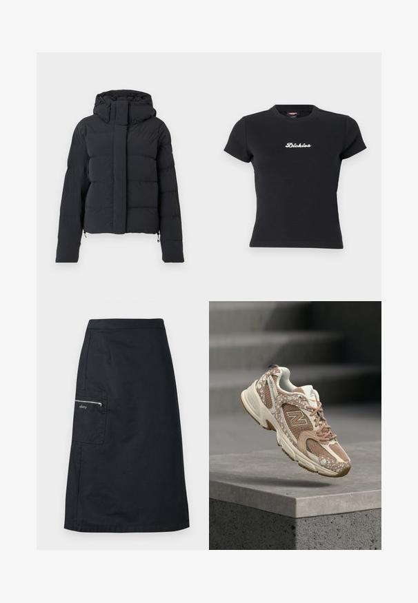 Schwarze, gesteppten Winterjacke mit Kapuze, langen Ärmeln und einem Reißverschluss, der von einer Klappe mit Druckknöpfen verdeckt wird.; Schwarzes, eng anliegendes T-Shirt mit kurzen Ärmeln, weißem "Dickies"-Logo mittig auf der Brust und Rundhalsausschnitt.; Schwarzer knielanger Rock mit seitlicher Reißverschlusstasche, die das "obey"-Logo auf einem einfarbigen Hintergrund zeigt.; Beige-brauner New Balance Sneaker mit Mesh- und gemusterten Overlays, schwebend über einer grauen Betonkante.
