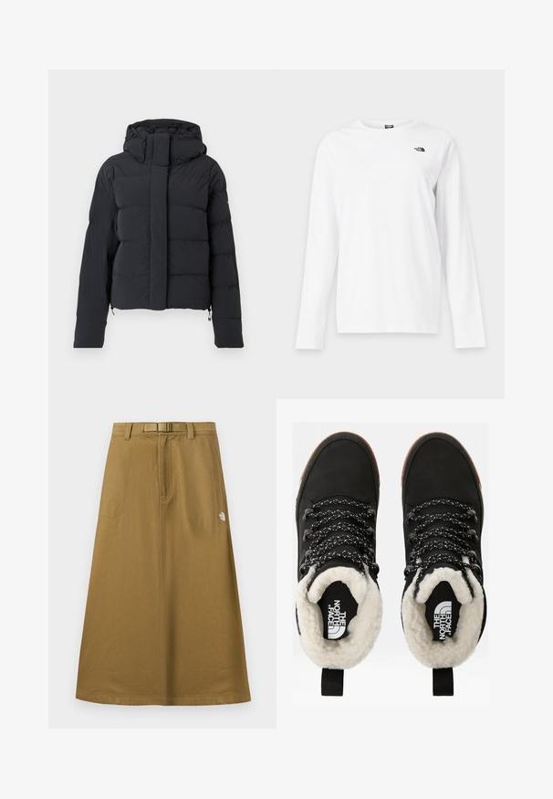 Chaqueta de invierno negra acolchada con capucha, mangas largas y cremallera frontal cubierta por una solapa con botones a presión.; Camiseta blanca de manga larga con cuello redondo y pequeño logo negro de The North Face en el lado izquierdo del pecho.; Falda exterior larga y marrón claro con bolsillos frontales, cinturón integrado y logo de The North Face en el lado derecho.; Botas de tobillo negras impermeables con forro de piel sintética, tejido texturizado, cordones con un patrón blanco y negro, y una lengüeta en el talón.