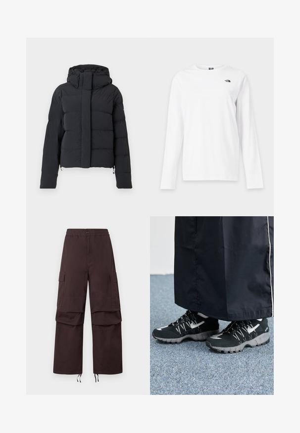 Zwarte gequilte winterjas met een capuchon, lange mouwen en een voorrits die bedekt is met een klep met drukknoopjes.; Wit shirt met lange mouwen en ronde hals met klein zwart The North Face-logo op de linkerborst.; Donkerbruine cargobroek met een elastische tailleband, twee zijzakken en een koord aan de onderzijde. Gemaakt van stevig materiaal met een comfortabele pasvorm.; Zwarte atletische schoenen met een gestructureerde bovenkant, zilveren accenten en een gestippelde loopzool, gecombineerd met een zwart lang kledingstuk. Geplaatst op een blauwe vloerbedekking.