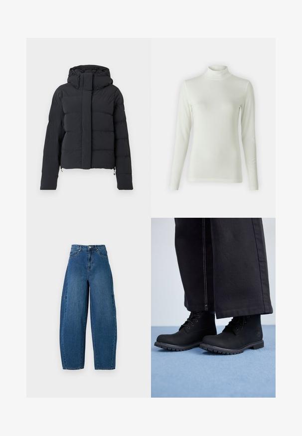 Sort quiltet vinterjakke med hætte, lange ærmer og frontlynlås dækket af en klap med trykknapper.; Langærmet polokravebluse i lys creme, fremstillet af et glat, strækbart stof. Tætsiddende design med ribbet tekstur ved halsudskæringen.; Denimjeans i en mellemblå vask, med højt liv, bred benpasform og standard fem-lomme design med synlige stikninger.; Sorte ankelstøvler med en glat, mat finish; snørebåndsdesign; robust sål med dybe riller; parret med mørke, brede bukser.