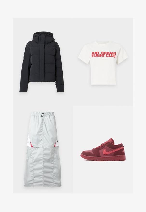 Schwarze, gesteppten Winterjacke mit Kapuze, langen Ärmeln und einem Reißverschluss, der von einer Klappe mit Druckknöpfen verdeckt wird.; Weißes Baumwoll-T-Shirt mit auffälligem roten Text: "AIR JORDAN FIGHT CLUB" und "OFFIZIELLES MITGLIED". Kurze Ärmel und klassischer Rundhalsausschnitt.; Hellgrauer, langer Sportrock aus glänzendem, glattem Material; mit roten und weißen Akzenten, elastischem Bund und Nike-Logo an der Seite.; Roter und pinker Sneaker mit niedrigem Schaft, Obermaterial aus Leder und Mesh, strukturierten Einsätzen und einer Gummisohle. Verfügt über ein kontrastierendes Swoosh-Logo und Schnürsenkel.