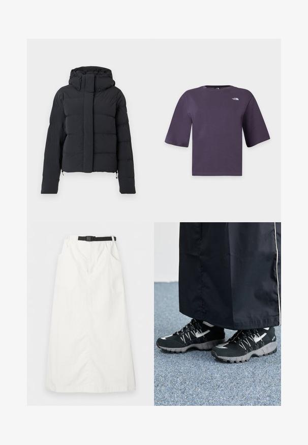 Zwarte gequilte winterjas met een capuchon, lange mouwen en een voorrits die bedekt is met een klep met drukknoopjes.; Donkerpaarse T-shirt met korte mouwen en ronde hals met het witte The North Face-logo op de linkerborst.; Witte lange rok met elastische tailleband en zwarte verstelbare riem, voorzien van zijzakken en een rechte snit.; Zwarte atletische schoenen met een gestructureerde bovenkant, zilveren accenten en een gestippelde loopzool, gecombineerd met een zwart lang kledingstuk. Geplaatst op een blauwe vloerbedekking.
