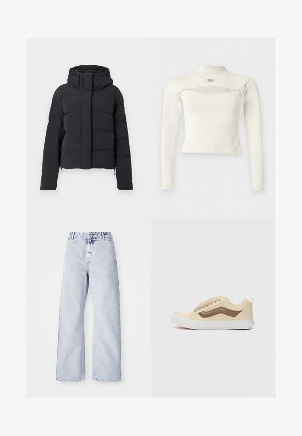 Sort quiltet vinterjakke med hætte, lange ærmer og frontlynlås dækket af en klap med trykknapper.; Hvid cropped top med lange ærmer og høj hals, med en horisontal åbning nedenunder kraven og et lille rundt logo over åbningen.; Lysblå denim brede bukser med høj talje, knaplukning og fem-lomme design. Blød tekstur og synlige sømdetaljer.; Sko lavet af beige ruskind med brune accenter, med et klassisk snøredesign, rund tå, tekstureret overdel og hvid gummisål.