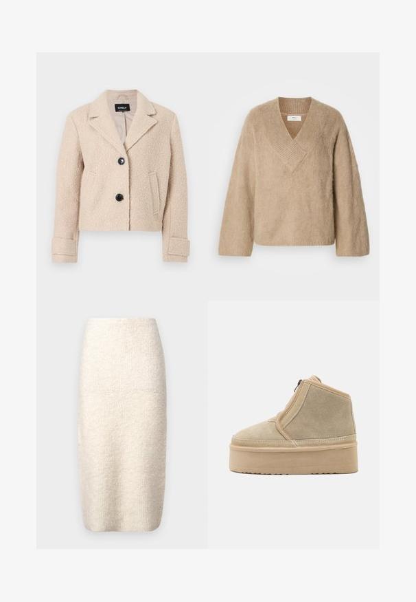 Veste beige courte en laine texturée avec revers crantés, deux boutons noirs, poches latérales et détails aux poignets.; Pull en tricot beige duveteux avec un large col en V et des manches longues, présenté sur un fond blanc.; Jupe crème à mi-mollet en tissu texturé, présentant une coupe ajustée avec une taille lisse et sans fermetures visibles.; Bottines en suède beige avec un bout arrondi, une semelle plate et une fermeture éclair sur le côté. Présente des accents cousus le long des coutures.