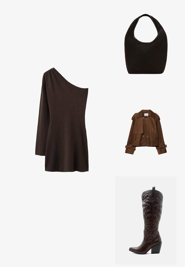 Braune Wildlederjacke in Kurzform mit doppelten Knöpfen, Schulterklappen und Gürtelriemen an den Ärmeln. Verfügt über vordere Klappentaschen und einen gekerbten Kragen.; Brauner, einseitig tragbarer Top mit langen Ärmeln auf einer Seite. Weicher, dehnbarer Stoff mit glatter Textur; einfaches, schmuckloses Design.; Hoher dunkelbrauner Leder-Cowboystiefel mit gestickten dekorativen Mustern, spitzer Spitze und gestapeltem Blockabsatz.; Schwarze offene Mesh-Tasche mit rundem oberen Griff und breitem, geschwungenem Körper.