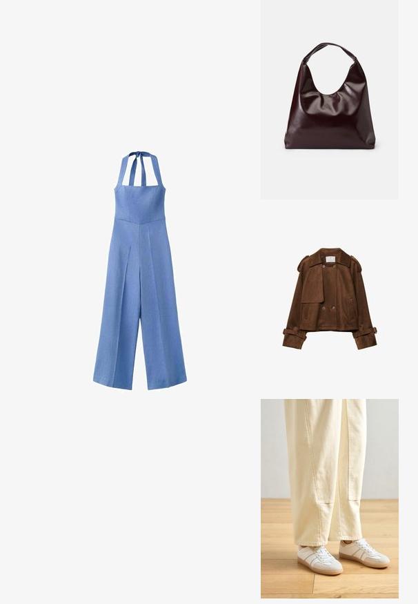 Brun ruskind kort jakke med dobbeltradede knapper, skulderstropper og bæltestropper på ærmerne. Har frontlommer med klap og en skrå krave.; Lyseblå ærmeløs jumpsuit med halterneck, brede ben og strukturerede sømme langs overdelen og benene.; Hvide sneakers med en kombination af glatte og ruskindsteksturer, prydet med beige accenter og en gummisål, parret med lysfarvede, vide bukser.; Bordeaux, skinnende vegansk læder tote taske med en blød, skulpturel form og et bredt, buet håndtag for nem bæring.