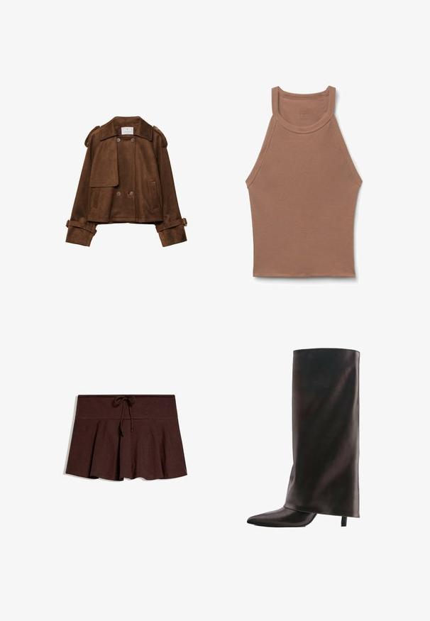 Braune Wildlederjacke in Kurzform mit doppelten Knöpfen, Schulterklappen und Gürtelriemen an den Ärmeln. Verfügt über vordere Klappentaschen und einen gekerbten Kragen.; Ärmelloses, geripptes Tanktop in Hellbraun mit hohem, rundem Ausschnitt und breiten Schulterträgern, flach auf weißem Hintergrund liegend.; Dunkelbrauner, plissierter Rock mit breitem Bund und Kordelzug in der Mitte vorne, flach auf weißem Hintergrund liegend.; Hoher schwarzer Lederstiefel mit spitzer Zehenpartie und schlankem mittelhohen Absatz vor weißem Hintergrund.